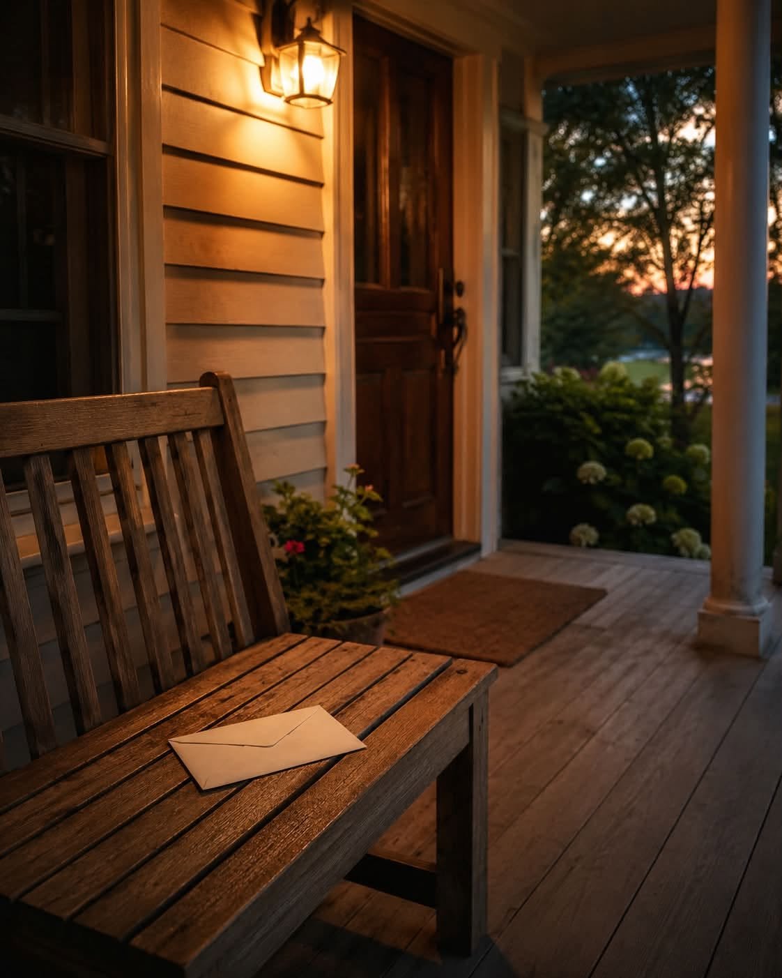 A porch at dusk, welcome mat out