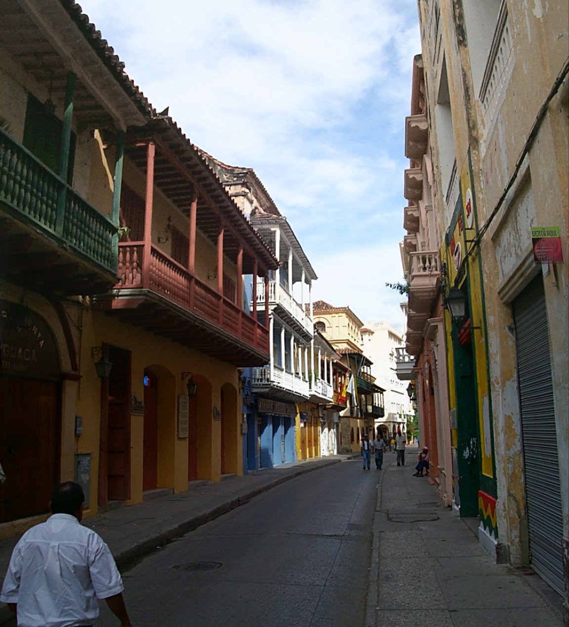 Colonial street in Cartagena's old town with wooden balconies